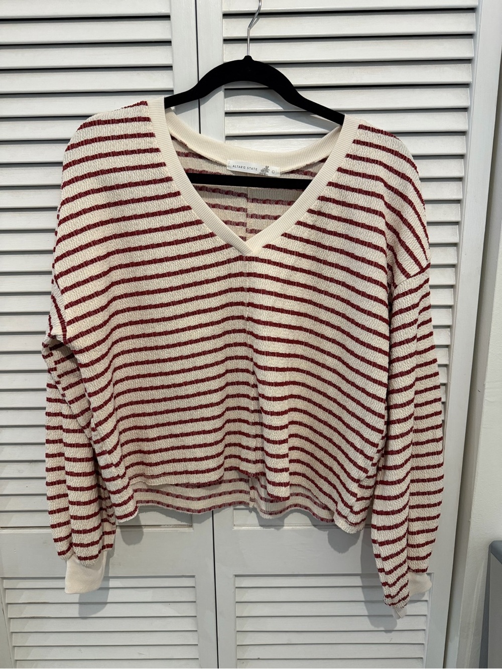 Altar'd State Cream and Burgundy red Striped V-Neck Sweater